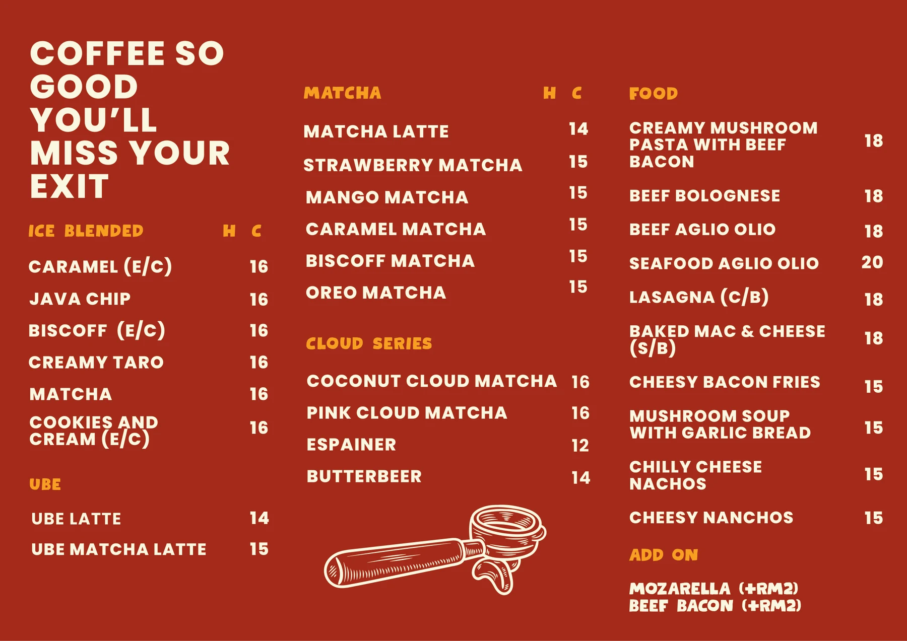 Seventy7 Coffee menu page two: matcha, ice blended, cloud series, ube and food